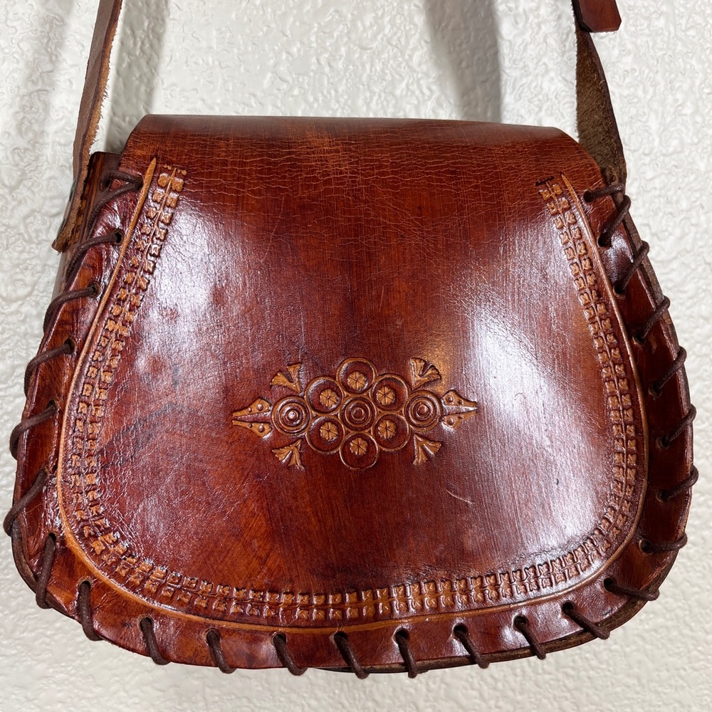 Vintage 70’s Genuine Leather Stitched Embossed Crossbody Bag Mexican Boho - Picture 2 of 11